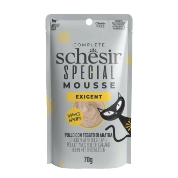 Schesir Special Mousse Exigent cat food pouch, chicken with duck liver, grain free, supports appetite, 70g.