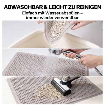 Beige Silikon-Katzenstreu-Matte wird entleert, abgespült und abgesaugt; sichtbarer Text: 'ABWASCHBAR & LEICHT ZU REINIGEN'.