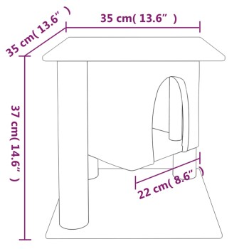 Illustration eines Haustierhauses mit den Abmessungen: 35 cm (13,6") Breite, 37 cm (14,6") Höhe, 22 cm (8,6") Eingangsbogen.