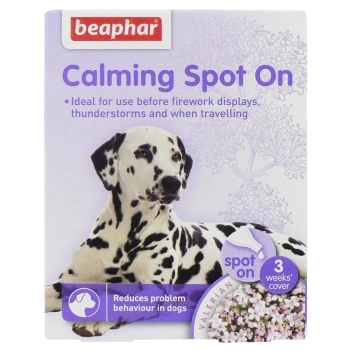 Beaphar Calming Spot On packaging with a Dalmatian. Claims to reduce anxiety from fireworks, storms, and travel. Contains valerian, lasts 3 weeks.