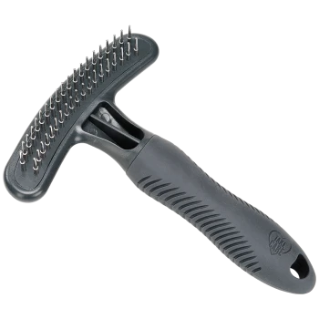 Black pet grooming rake with metal pins and ergonomic handle, designed for removing loose fur and tangles.