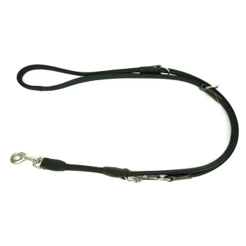 Schwarze Leder-Hundeleine mit silbernen Metallclips und Ringen, entworfen für Langlebigkeit und Komfort.