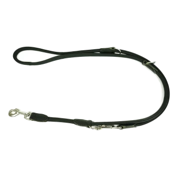 Schwarze Leder-Hundeleine mit silbernen Metallclips und Ringen, entworfen für Langlebigkeit und Komfort.