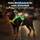 Neon-gelbes Hundegeschirr mit atmungsaktivem Mesh, gepolstertem Griff, vorderen und hinteren Ringen, verstellbaren Gurten und Schnellverschluss.