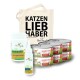 Eine Sammlung von Haustierprodukten, einschließlich insektengestützter Katzenfutterdosen, einem Ergänzungspulver, einem Spray und einer Tragetasche mit dem Text "KATZEN LIEB HABER".