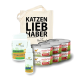 Eine Sammlung von Haustierprodukten, einschließlich insektengestützter Katzenfutterdosen, einem Ergänzungspulver, einem Spray und einer Tragetasche mit dem Text "KATZEN LIEB HABER".