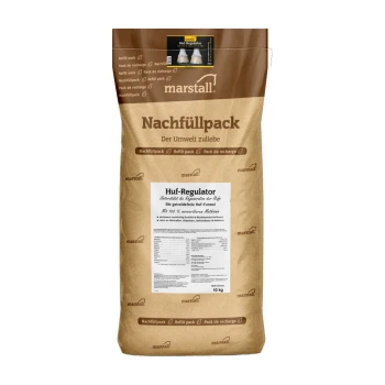 Braune Papiertüte mit der Aufschrift "marstall Nachfüllpack Huf-Regulator" für die Hufgesundheit, enthält 10 kg Produkt mit Nährwertangaben.