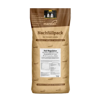 Braune Papiertüte mit der Aufschrift "marstall Nachfüllpack Huf-Regulator" für die Hufgesundheit, enthält 10 kg Produkt mit Nährwertangaben.