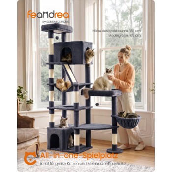 feandrea von SONGMICS HOME Anzeige: grauer mehrstufiger Kratzbaum mit fünf Katzen und einer Frau, sichtbarer Text „All-in-one Spielplatz“.