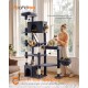 feandrea von SONGMICS HOME Anzeige: grauer mehrstufiger Kratzbaum mit fünf Katzen und einer Frau, sichtbarer Text „All-in-one Spielplatz“.