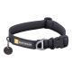 Schwarzes Hundehalsband von Ruffwear mit einem Metall-D-Ring, verstellbarer Schnalle und einem Anhänger mit einem Glockensymbol.