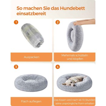 Anleitungsfelder 'So machen Sie das Hundebett einsatzbereit': graues Donut-Hundebett wird gerollt bis es aufgeplustert ist, letztes Panel zeigt einen Hund.