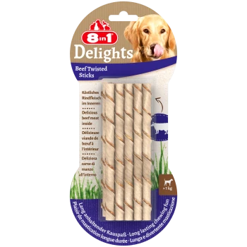 Verpackung für 8 in 1 Delights Beef Twisted Sticks, mit verdrehten Hundeleckereien mit Rindfleisch und einem Hund, der sich die Lippen leckt.