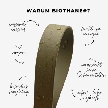 Wasserfester Biothane-Hundehalsband mit Tropfen, hebt Vorteile hervor: vegan, leicht zu reinigen, langlebig, kein Scheuern, hohe Zugfestigkeit.