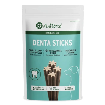 Verpackung für AniForte Anti-Plaque-Sticks Mini für kleine Hunde, mit einem Zahn-Icon, Text in Deutsch und einem getreidefreien Etikett.