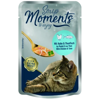Katze Futterbeutel mit der Aufschrift "Soup Moments" mit einem goldenen Löffel, einer Schüssel Suppe und dem Text "Mit Huhn & Thunfisch."