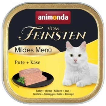 Emballage de nourriture pour chats or et noir avec un chat blanc, pâté de dinde et de fromage. Texte : "animonda vom Feinsten Mildes Menü Pute + Käse."