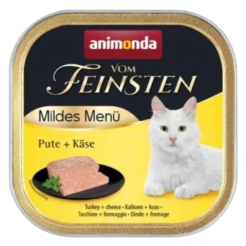 Gold- und schwarze Katzenfutterverpackung mit einer weißen Katze, Puten- und Käsepastete. Text: "animonda vom Feinsten Mildes Menü Pute + Käse."