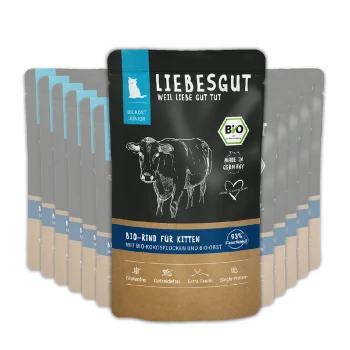 LIEBESGUT Bio‑Rind Kittenfutterbeutel mit Kuhillustration, 'Bio‑Rind für Kitten', 'Made in Germany', 93 % Fleischanteil