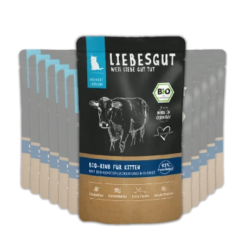 LIEBESGUT Bio‑Rind Kittenfutterbeutel mit Kuhillustration, 'Bio‑Rind für Kitten', 'Made in Germany', 93 % Fleischanteil