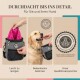 Ein Paar geht mit einem Hund an der Leine, mit einer Leckerlitasche am Gürtel des Mannes. Kundenbewertungen auf Deutsch heben die Produktzufriedenheit hervor.