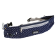 Marineblauer Hundespaziergürtel mit weißen Punkten, mit mehreren Reißverschlusstaschen und einem DOOG-Logo.