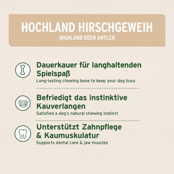 Natürlicher Hundekauartikel aus Hochland-Hirschgeweih, gekennzeichnet mit "100% Natürlich", mit Text, der die Vorteile für den Kauinstinkt und die Zahnpflege hervorhebt.