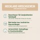 Natürlicher Hundekauartikel aus Hochland-Hirschgeweih, gekennzeichnet mit "100% Natürlich", mit Text, der die Vorteile für den Kauinstinkt und die Zahnpflege hervorhebt.