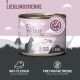 Dose mit Tiernahrung beschriftet mit "Lieblingsmenue mit Ente & Himbeeren," mit 98% Fleisch, getreidefrei und ohne zugesetzten Zucker, 200g.