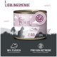 Dose mit Tiernahrung beschriftet mit "Lieblingsmenue mit Ente & Himbeeren," mit 98% Fleisch, getreidefrei und ohne zugesetzten Zucker, 200g.