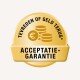 Gouden badge met de tekst 'TEVREDEN OF GELD TERUG*' en 'ACCEPTATIE-GARANTIE', met euro munten, wat een tevredenheidsgarantie aangeeft.