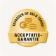 Gouden badge met de tekst 'TEVREDEN OF GELD TERUG*' en 'ACCEPTATIE-GARANTIE', met euro munten, wat een tevredenheidsgarantie aangeeft.