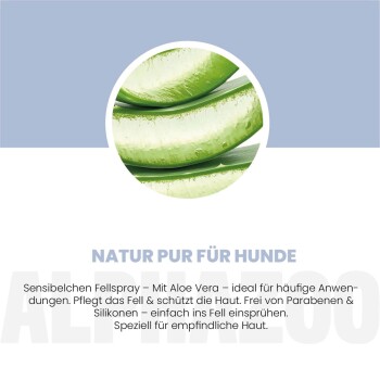 Aloe vera-Nahaufnahme in einem Kreis über 'NATUR PUR FÜR HUNDE' und deutscher Hinweis auf Aloe-Spray für empfindliches Hundefell.