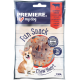 Ein lächelnder Corgi sitzt neben einem Paket "Premiere I ♥ my dog Fun Snack Chew Heart", das ein Rinderhaut-Leckerli in Herzform zeigt.