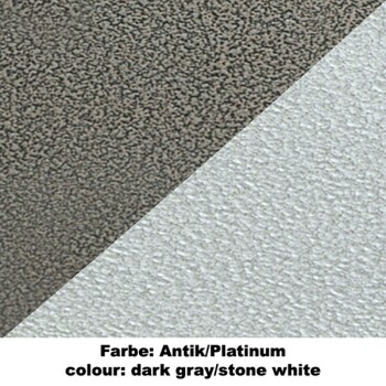 Farbmuster, das zwei strukturierte Oberflächen zeigt: dunkelgrau links und steinweiß rechts, beschriftet mit "Farbe: Antik/Platinum."