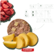Fleischiges Futterpatty mit Kartoffelscheiben und rohem Rind; Text 'NATÜRLICHE & BESTE ZUTATEN.' und 'FLEISCHESLUST'-Logo.