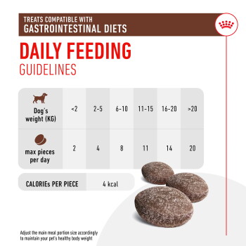 Chart of dog treat feeding guidelines for gastrointestinal diets, showing max daily pieces by weight, with three brown treats in front.