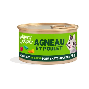 Boîte de nourriture pour chats Edgard Cooper avec de l'agneau et du poulet, étiquetée en français avec 'Morceaux en sauce pour chats adultes 85g.'