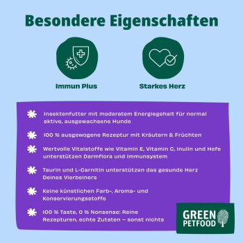 Green Petfood-Produktpanel (Deutsch): „Besondere Eigenschaften“, Icons „Immun Plus“ und „Starkes Herz“, Liste der Vorteile der Insekten-Hundenahrung.