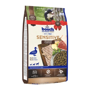 Bosch Sensitive Hundefutterbeutel, 3,0 kg, mit frischem Entenfleisch und Kartoffeln, 21,5 % Protein, 12,5 % Fett, geeignet für empfindliche Hunde.