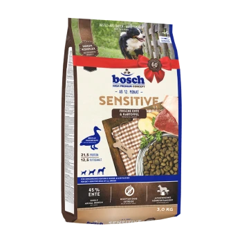 Bosch Sensitive Hundefutterbeutel, 3,0 kg, mit frischem Entenfleisch und Kartoffeln, 21,5 % Protein, 12,5 % Fett, geeignet für empfindliche Hunde.
