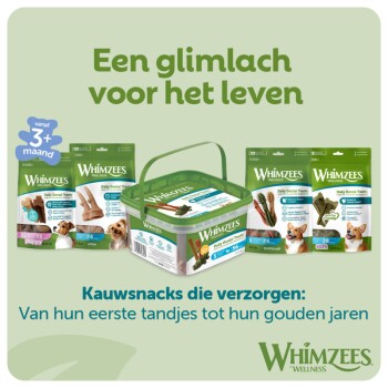 Whimzees-display met hondensnacks, groene verpakking met Nederlandse tekst 'Een glimlach voor het leven' en de slogan van de kauwsnack