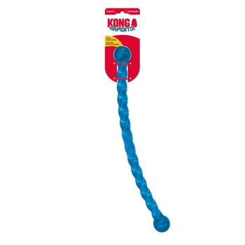 Jouet flottant pour chien KONG Safestix bleu tressé, avec emballage indiquant 'KONG SAFESTIX' et 'FLOATS'.