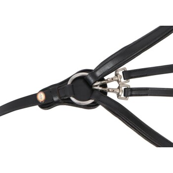 Schwarzes Leder-Hundegeschirr mit Metallring und Clips, mit einem runden gepolsterten Zentrum für Komfort.