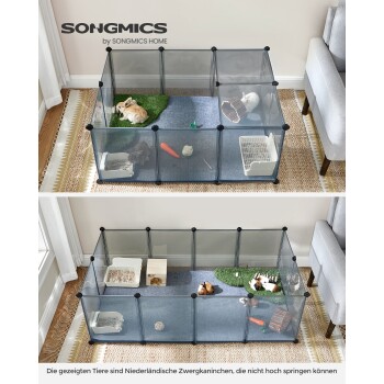 Ein transparenter Haustierkäfig mit zwei Abteilungen, in dem ein Kaninchen und Meerschweinchen auf Gras und Teppich mit Spielzeug und einer Karotte zu sehen sind.