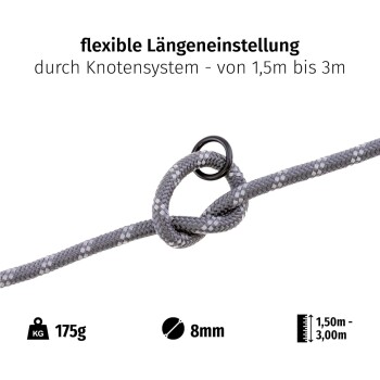 Graue verstellbare Haustierleine mit einem Knotensystem, von 1,5 m bis 3 m verstellbar, mit einem stabilen Ring und 8 mm Dicke.