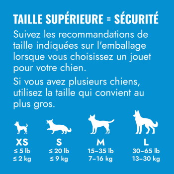 Tableau de sécurité français 'TAILLE SUPÉRIEURE = SÉCURITÉ' montrant des silhouettes de chiens étiquetées XS, S, M, L avec plages de poids en lb/kg.