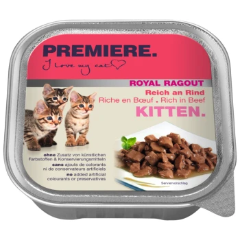 Verpackung für nasses Katzenfutter mit drei verspielten Kätzchen, beschriftet mit "Premiere. Ich liebe meine Katze" und "Royal Ragout reich an Rindfleisch für Kätzchen."