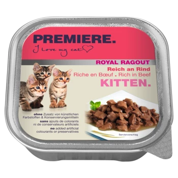 Verpackung für nasses Katzenfutter mit drei verspielten Kätzchen, beschriftet mit "Premiere. Ich liebe meine Katze" und "Royal Ragout reich an Rindfleisch für Kätzchen."