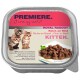 Verpackung für nasses Katzenfutter mit drei verspielten Kätzchen, beschriftet mit "Premiere. Ich liebe meine Katze" und "Royal Ragout reich an Rindfleisch für Kätzchen."